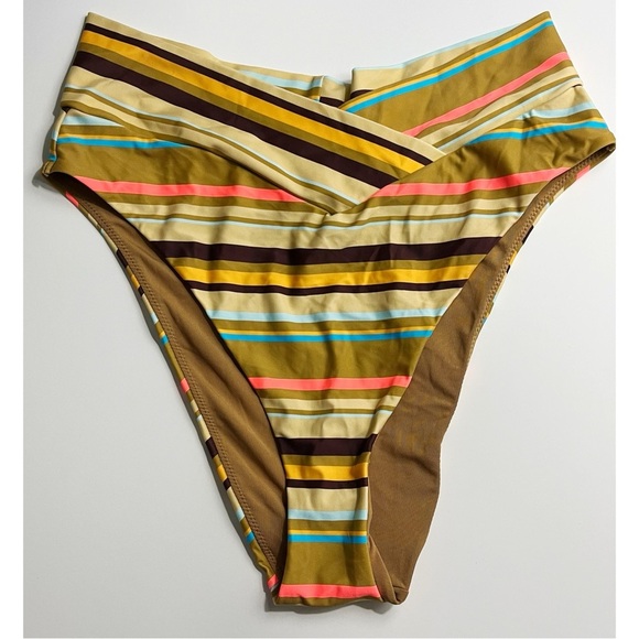 Aerie • NWT Yellow and Brown Blue Striped Bikini Bottom High Cut Cheeky - Picture 2 of 6